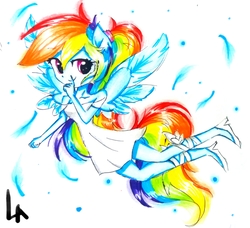 Size: 2243x2045 | Tagged: safe, artist:liaaqila, rainbow dash, angel, fairy, equestria girls, g4, clothes, dress, female, high res, looking at you, mischief, ponied up, simple background, smiling, smirk, solo, traditional art, white background, winged humanization, wings