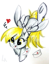Size: 2059x2710 | Tagged: safe, artist:liaaqila, derpy hooves, pegasus, pony, g4, cute, derpabetes, female, floating heart, heart, high res, letter, mare, mouth hold, solo, traditional art