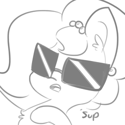 Size: 1650x1650 | Tagged: safe, artist:tjpones, oc, oc only, oc:brownie bun, earth pony, pony, horse wife, bust, chest fluff, dialogue, ear fluff, grayscale, monochrome, simple background, solo, sunglasses, swag, white background