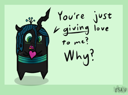 Size: 536x396 | Tagged: safe, artist:evan555alpha, queen chrysalis, g4, blushing, chibi, confused, cute, cutealis, dialogue, female, heart, simple background, solo