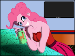 Size: 2574x1949 | Tagged: safe, artist:physicrodrigo, part of a set, pinkie pie, human, llama, equestria girls, g4, bar, breasts, busty pinkie pie, can, cleavage, clothes, dress, grin, part of a series, smiling, solo, story in the comments, story in the source, television, transformation, transformation sequence