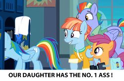 Size: 1280x836 | Tagged: safe, edit, edited screencap, screencap, bow hothoof, rainbow dash, scootaloo, windy whistles, pegasus, pony, g4, parental glideance, season 7, caption, female, filly, foal, image macro, implied incest, looking at butt, male, mare, meme, rainbow dash's parents, rainbutt dash, stallion, text, the ass was fat, truth