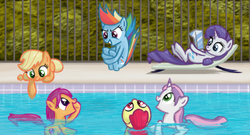 Size: 1062x575 | Tagged: safe, artist:heartlyrosalie, apple bloom, applejack, rainbow dash, rarity, scootaloo, sweetie belle, earth pony, pony, g4, cannonball, cute, cutie mark, cutie mark crusaders, female, filly, scootalove, swimming pool, the cmc's cutie marks, water, wingless