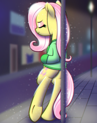 Size: 5000x6300 | Tagged: safe, artist:t.f.a.n.c.s., fluttershy, pegasus, pony, g4, absurd resolution, bipedal, bipedal leaning, butt, clothes, earbuds, eyes closed, eyeshadow, female, lamppost, leaning, makeup, mare, mittens, night, plot, sidewalk, smiling, solo, street, sweater, underhoof