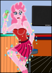 Size: 1801x2513 | Tagged: safe, artist:physicrodrigo, part of a set, pinkie pie, human, llama, equestria girls, g4, bar, breasts, busty pinkie pie, can, cleavage, clothes, dress, gasp, growth, human to anthro, magic, open mouth, part of a series, potion, solo, story in the comments, story in the source, surprised, television, transformation, transformation sequence, wool