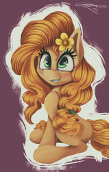 Size: 1200x1884 | Tagged: safe, artist:ferasor, pear butter, earth pony, pony, g4, the perfect pear, blushing, female, flower, flower in hair, mare, smiling, solo