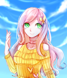 Size: 1300x1500 | Tagged: safe, artist:momocritcrucifix, fluttershy, human, g4, choker, clothes, cloud, female, hair accessory, humanized, long hair, looking away, sky, smiling, solo, sweater, sweatershy