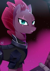 Size: 2480x3507 | Tagged: safe, artist:dan-kowalski-3h, tempest shadow, pony, unicorn, g4, my little pony: the movie, armor, broken horn, concave belly, eye scar, female, high res, horn, looking at you, mare, scar, side view, slender, solo, thin
