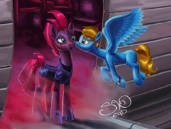 Size: 4098x3096 | Tagged: source needed, safe, artist:saoeqd, tempest shadow, oc, oc:blaine, pegasus, pony, unicorn, g4, my little pony: the movie, airship, armor, blushing, broken horn, canon x oc, cheek kiss, concave belly, eye scar, female, flying, fog, glasses, horn, kissing, male, mare, open mouth, scar, slender, spread wings, stallion, straight, thin, watch, wings