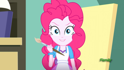 Size: 1280x720 | Tagged: safe, screencap, pinkie pie, equestria girls, g4, my little pony equestria girls: summertime shorts, the art of friendship, >:), >:d, apron, bracelet, clothes, easel, evil smile, grin, happy, jewelry, paintbrush, smiling, smirk