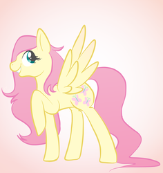Size: 1700x1800 | Tagged: safe, artist:redarmies, fluttershy, pony, g4, alternate hairstyle, female, gradient background, looking at you, looking sideways, raised hoof, simple background, smiling, solo, spread wings, wings