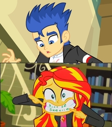 Size: 829x934 | Tagged: safe, edit, edited screencap, screencap, flash sentry, sunset shimmer, epic fails, equestria girls, g4, my little pony equestria girls: summertime shorts, couple, female, library, male, parody, ship:flashimmer, shipping, straight