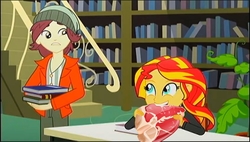Size: 1083x617 | Tagged: safe, edit, edited screencap, screencap, normal norman, sunset shimmer, epic fails (equestria girls), eqg summertime shorts, equestria girls, g4, book, creepy, food, funny, library, meat, omnivore sunset, parody