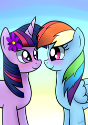 Size: 2480x3507 | Tagged: safe, artist:twidasher, rainbow dash, twilight sparkle, pegasus, pony, unicorn, g4, blushing, duo, female, flower, flower in hair, gradient background, high res, lesbian, looking at each other, ship:twidash, shipping, smiling, unicorn twilight