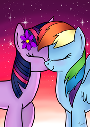 Size: 2480x3507 | Tagged: safe, artist:twidasher, rainbow dash, twilight sparkle, pegasus, pony, unicorn, g4, blushing, duo, eyes closed, female, flower, flower in hair, gradient background, high res, kissing, lesbian, ship:twidash, shipping, smiling, stars