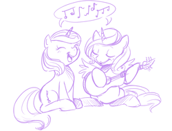 Size: 831x632 | Tagged: safe, artist:heart-of-stitches, oc, oc only, alicorn, pony, unicorn, female, guitar, mare, monochrome, singing