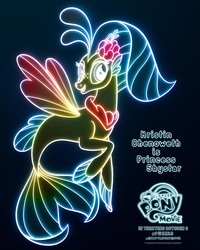 Size: 1500x1875 | Tagged: safe, princess skystar, seapony (g4), g4, my little pony: the movie, official, black background, dorsal fin, female, fin, fin ears, fin wings, fins, fish tail, flower, flower in hair, flowing mane, flowing tail, freckles, jewelry, kristin chenoweth, looking at you, movie poster, my little pony logo, necklace, ocean, pearl necklace, poster, simple background, smiling, smiling at you, solo, swimming, tail, underwater, water, wings