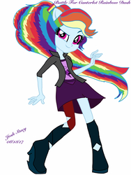 Size: 1536x2048 | Tagged: safe, artist:joshstacy, rainbow dash, equestria girls, g4, alternate clothes, alternate hairstyle, alternate universe, boots, clothes, confident, cute, female, multicolored hair, ponytail, shoes, skirt, stockings, thigh highs