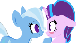 Size: 2560x1440 | Tagged: safe, artist:galawaille, starlight glimmer, trixie, pony, unicorn, g4, blushing, cute, duo, eye contact, female, glimmerbetes, lesbian, looking at each other, mare, ship:startrix, shipping, simple background, transparent background