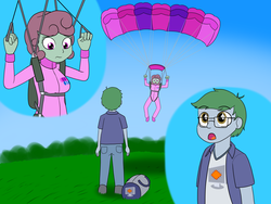 Size: 2000x1500 | Tagged: safe, artist:phallen1, oc, oc only, oc:software patch, oc:windcatcher, equestria girls, atg 2017, clothes, equestria girls-ified, idiot, impending collision, jumpsuit, newbie artist training grounds, parachute, patrick star, skydiving, sparkly eyes, spongebob squarepants, wingding eyes