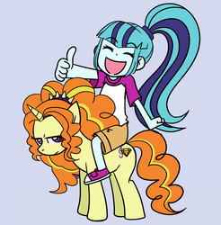 Size: 3249x3304 | Tagged: safe, artist:megasweet, edit, adagio dazzle, sonata dusk, pony, unicorn, equestria girls, g4, cute, duo, equestria girls ponified, eyes closed, female, happy, high res, humans riding ponies, koiwai yotsuba, looking at you, mare, open mouth, ponified, ponified siren, riding, simple background, sonata dusk riding adagio dazzle, sonatabetes, this will end in pain, unamused, yotsuba