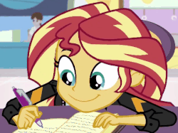 Size: 450x337 | Tagged: safe, screencap, sunset shimmer, equestria girls, equestria girls specials, g4, mirror magic, animated, book, bopping shimmer, c:, cute, female, gif, happy, head shake, perfect loop, shimmerbetes, smiling, writing