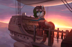 Size: 750x488 | Tagged: safe, artist:rodrigues404, oc, oc only, oc:gryph xander, pegasus, pony, airship, animated, cinemagraph, clothes, commission, gif, goggles, male, scarf, ship, smiling, solo, stallion, sunset
