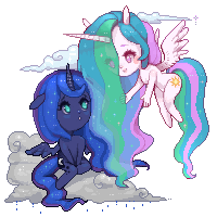 Size: 200x200 | Tagged: safe, artist:getanimated, princess celestia, princess luna, alicorn, anthro, g4, cheering up, chibi, cloud, comforting, cute, duo, female, flowing mane, lunabetes, pixel art, rain, simple background, sky, transparent background, wavy mane