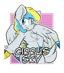 Size: 2100x2400 | Tagged: safe, artist:bbsartboutique, oc, oc only, oc:cirrus sky, hippogriff, armpits, badge, biologically justified underarm fluff, chest fluff, con badge, high res, holding hands, offscreen character, parent:oc:camellia sky, parent:oc:russet sky, parents:oc x oc, simple background, solo, talons, transparent background