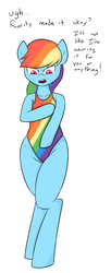 Size: 1531x3748 | Tagged: safe, artist:nero9, rainbow dash, semi-anthro, g4, bipedal, clothes, embarrassed, hips, one-piece swimsuit, rainbow swimsuit, simple background, solo, swimsuit, tsunderainbow, tsundere, white background