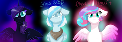 Size: 4144x1428 | Tagged: safe, artist:javierdf, princess flurry heart, oc, oc:nyx, oc:snowdrop, alicorn, pegasus, pony, g4, clothes, female, glowing, horn, older, older flurry heart, scarf, simple background, spread wings, trio, wings