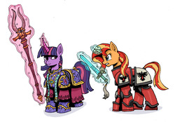 Size: 2974x2067 | Tagged: safe, artist:sensko, sunset shimmer, twilight sparkle, pony, unicorn, g4, ahzek ahriman, armor, atg 2017, blood ravens, crossover, female, high res, librarian, magic, mare, newbie artist training grounds, power armor, power sword, psyker, simple background, space marine, staff, sword, thousand sons, traditional art, warhammer (game), warhammer 40k, weapon, white background