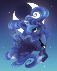 Size: 1024x1280 | Tagged: safe, artist:steffy-beff, princess luna, alicorn, pony, g4, crescent moon, cute, ethereal mane, female, flying, glowing horn, horn, lunabetes, mare, moon, night, sky, smiling, solo, spread wings, starry mane, stars, wings