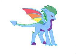 Size: 1024x746 | Tagged: safe, artist:ocean-drop, oc, oc only, oc:chromatic colors, dracony, hybrid, kirin, colored wings, interspecies offspring, male, multicolored wings, offspring, parent:rainbow dash, parent:spike, parents:rainbowspike, rainbow wings, simple background, white background