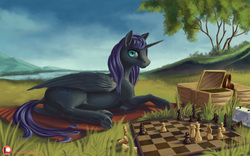 Size: 2560x1600 | Tagged: safe, artist:kirillk, oc, oc only, oc:nyx, alicorn, pony, alicorn oc, black, board game, cat eyes, chess, chess piece, chessboard, female, looking at camera, looking at you, mare, mountain, nature, purple hair, seductive, seductive pose, slit pupils, solo, tail, wallpaper, wings