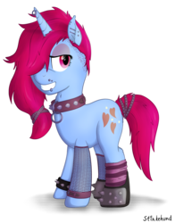 Size: 2200x2800 | Tagged: safe, artist:stinkehund, oc, oc only, pony, unicorn, boots, clothes, collar, ear piercing, female, fishnet stockings, fluffy, high res, horn, horn piercing, piercing, punk, shoes, simple background, socks, spiked collar, spiked wristband, tail wrap, transparent background, wristband