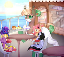 Size: 1620x1430 | Tagged: safe, artist:clefficia, oc, oc only, pony, chair, commission, cup, cute, female, food, herbivore, mare, pastry, plushie, smiling, sun, sunlight, table, water, window