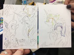 Size: 1024x768 | Tagged: safe, artist:andypriceart, daybreaker, nightmare moon, princess celestia, princess luna, alicorn, pony, bronycon, bronycon 2017, g4, andy you magnificent bastard, argument, colored pencil drawing, covering mouth, crown, dagger, female, grawlixes, horn, horns are touching, implied vulgar, irony, jewelry, knife, lightning, mare, pencil drawing, regalia, role reversal, skull, traditional art, weapon, you got it backwards