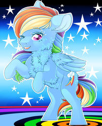 Size: 1596x1984 | Tagged: safe, artist:schokocream, rainbow dash, pegasus, pony, g4, backwards cutie mark, chest fluff, cute, dashabetes, female, mare, multicolored hair, one eye closed, open mouth, rearing, smiling, solo, wink