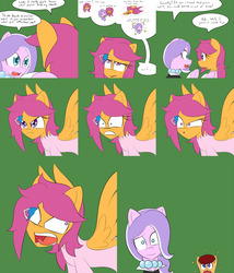 Size: 2400x2800 | Tagged: safe, artist:jake heritagu, diamond tiara, scootaloo, oc, oc:lightning blitz, pegasus, pony, comic:ask motherly scootaloo, g4, baby, baby pony, clothes, colt, comic, dialogue, dress, faic, green background, hairpin, high res, male, motherly scootaloo, offspring, older, older scootaloo, parent:rain catcher, parent:scootaloo, parents:catcherloo, simple background, speech bubble, spread wings, wings