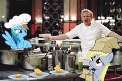 Size: 1200x800 | Tagged: safe, artist:danton-damnark, artist:greseres, artist:misteraibo, artist:normanb88, artist:php11, derpy hooves, rainbow dash, human, pegasus, pony, g4, cooking, female, food, gordon ramsay, hell's kitchen, irl, irl human, mare, muffin, photo, ponies in real life