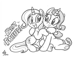 Size: 3328x2560 | Tagged: safe, artist:whitediamonds, starlight glimmer, trixie, pony, unicorn, g4, best friends, black and white, cute, diatrixes, duo, female, friendshipping, frog (hoof), glimmerbetes, grayscale, high res, hug, looking at each other, mare, monochrome, sitting, underhoof