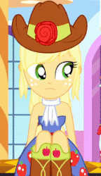 Size: 186x323 | Tagged: safe, screencap, applejack, eqg summertime shorts, equestria girls, g4, make up shake up, animated, bare shoulders, eyeroll, fall formal outfits, female, gif, sleeveless, solo, strapless
