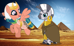 Size: 1920x1200 | Tagged: safe, artist:3d4d, artist:brony-works, artist:jhayarr23, somnambula, zecora, pegasus, pony, zebra, g4, clothes, egypt, egyptian, glowpaz, open mouth, pyramids of giza