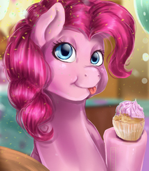 Size: 942x1080 | Tagged: safe, artist:aelwyng, pinkie pie, earth pony, pony, g4, cupcake, dessert, female, food, looking at you, mare, smiling, solo, tongue out