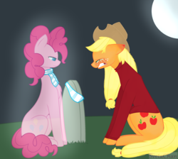 Size: 2488x2232 | Tagged: safe, artist:svetachan, applejack, pinkie pie, ghost, pony, g4, clothes, crying, gravestone, high res, implied death, moon, night, pain, sad, scarf, shirt, sitting