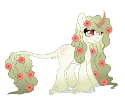 Size: 1390x1124 | Tagged: safe, artist:angei-bites, oc, oc only, original species, pony, unicorn, body freckles, curved horn, female, flower, flower in hair, flower in tail, freckles, heart eyes, horn, leonine tail, mare, simple background, solo, transparent background, wingding eyes