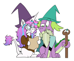 Size: 1024x846 | Tagged: safe, artist:numbuh-27, princess flurry heart, spike, dragon, g4, beard, cape, clothes, confused, dungeons and dragons, facial hair, garbuncle, glasses, hat, leonine tail, lost, map, nerd, nerdy heart, ogres and oubliettes, roleplaying, shirt, simple background, staff, transparent background, wizard, wizard hat