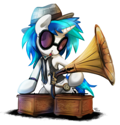 Size: 1300x1357 | Tagged: safe, artist:fidzfox, dj pon-3, vinyl scratch, pony, unicorn, g4, clothes, female, gramophone, hat, mare, necktie, open mouth, simple background, smiling, solo, sunglasses, transparent background, vest