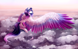 Size: 3800x2400 | Tagged: safe, artist:magicalbrownie, oc, oc only, oc:heart light, pegasus, pony, art trade, choker, cloud, colored wings, feather, female, flying, high res, jewelry, large wings, mare, multicolored wings, necklace, solo, spread wings, wallpaper, wings